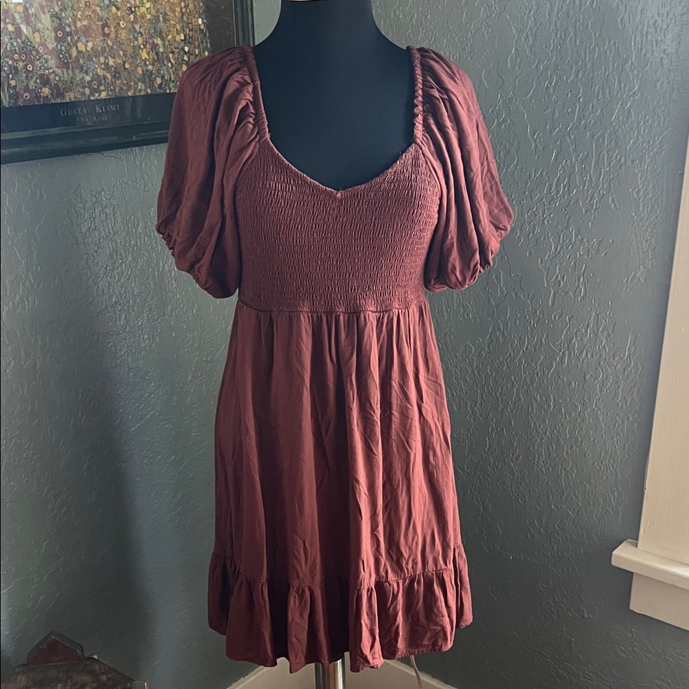 Bell Style Poof Sleeve Brown Smocked Dress Short Cottagecore Dress Whimsigoth